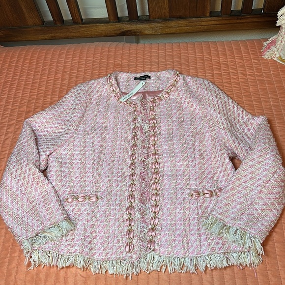 Michael Simon Pink Cream Tweed with Pearl and Gold Details Blazer Jacket size LP - Picture 16 of 17